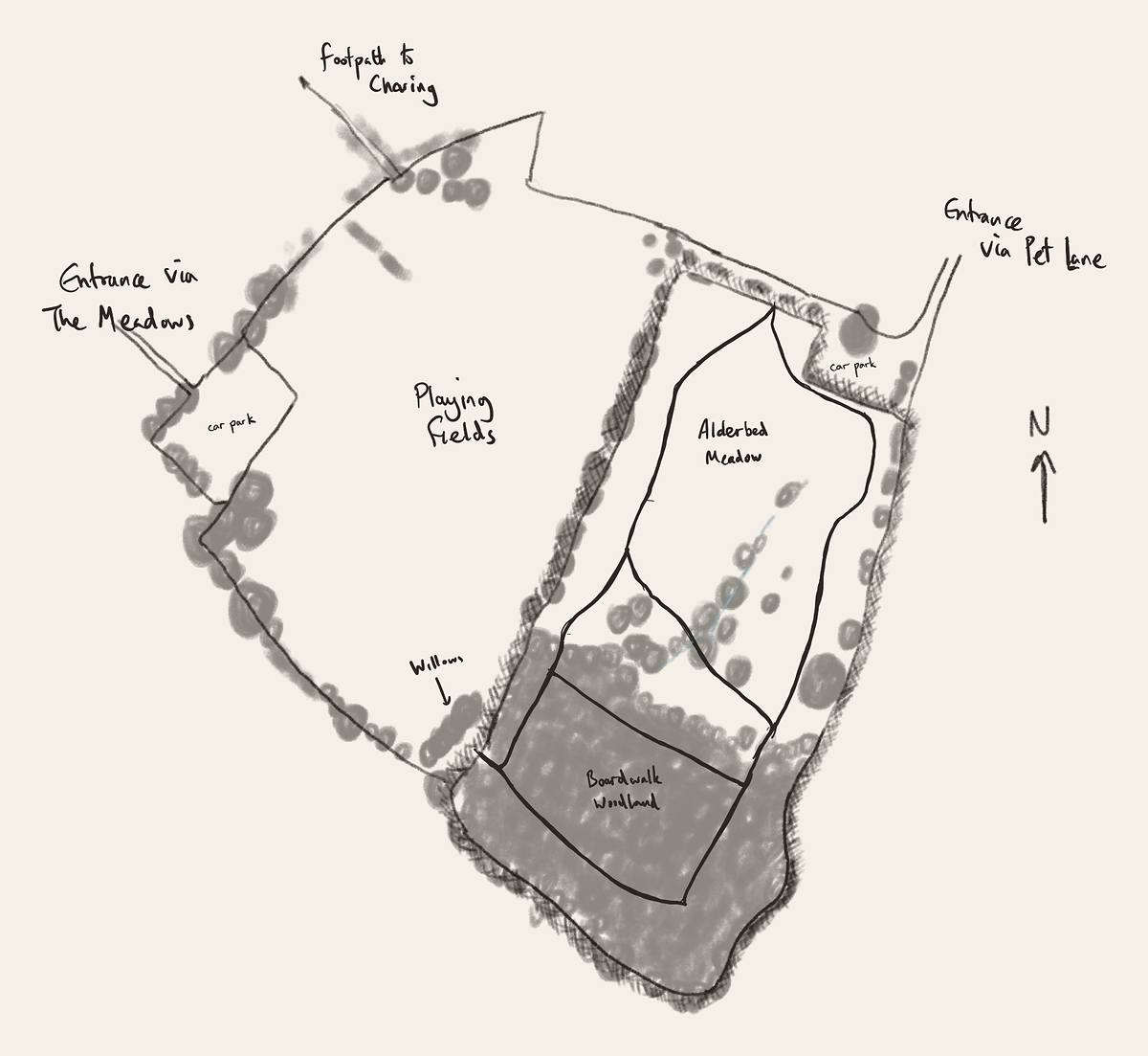 A drawn plan of the site. Charing Playing Fields occupy the large western
        block. Alderbed Meadow is a narrower strip of grassland running north to south
        along the eastern side, separated from the playing fields by a treeline where the
        willows stand. Boardwalk Woodland lies to the south. A stream runs north-east to
        south-west through the meadow and into the wood. There is an entrance and car park
        to the west via The Meadows, another to the north-east via Pett Lane, and a
        footpath leaving to the north-west towards Charing.