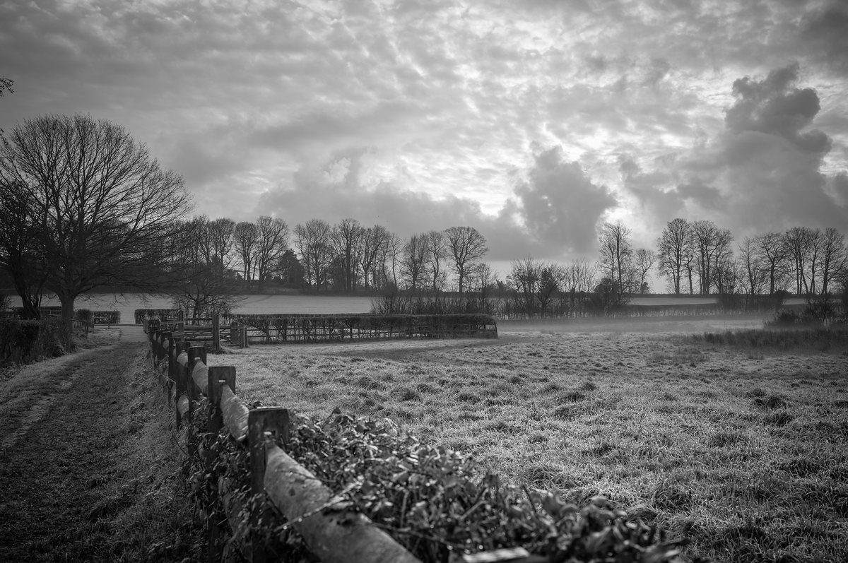 A post-and-rail fence running along the edge of the meadow under a broken winter sky